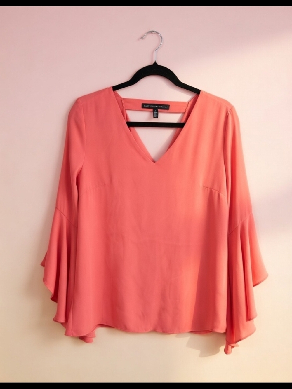 White House Black Market Coral V-Neck Bell Sleeve Blouse